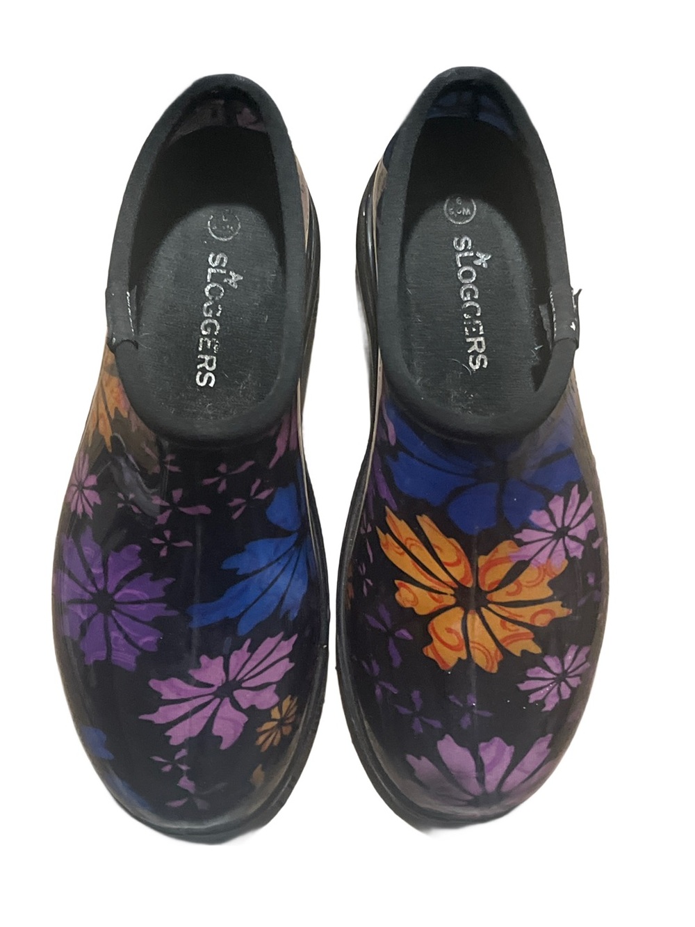Sloggers Black Floral Waterproof Clogs with Purple Blue Orange Accents Size 9